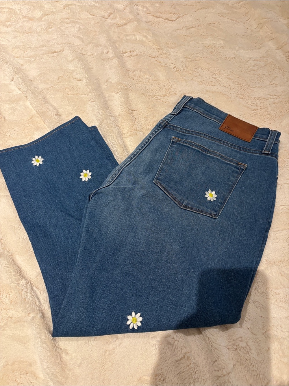 J. Crew Blue Cropped Broken In Boyfriend Jeans with Daisy Embroidery